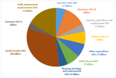 ▪️The chart below shows how much money is spent in the budget on different sectors by the UAE government in 2000.

▪️Summarise the information by selecting and reporting the main features, and make comparisons where relevant.