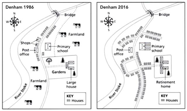 ‘The two maps below show the changes in the town of Denham from 1986 to the present day. Summarie the information by selecting and reporting the main features and make comparisons where relevant.’
