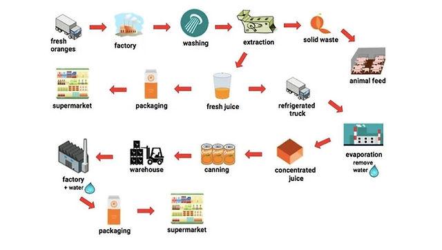 The diagram below shows how orange juice is produced.