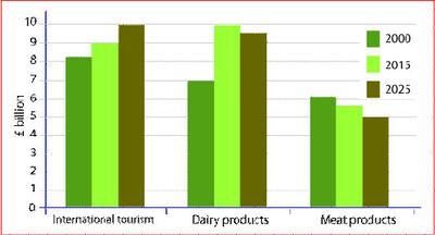 The bar chart compares the total amount of 3 main exports from Southland's namely international tourism, dairy and meat products in the years 2000, 2019 and in the projected year in 2025. Units are measured in billions.