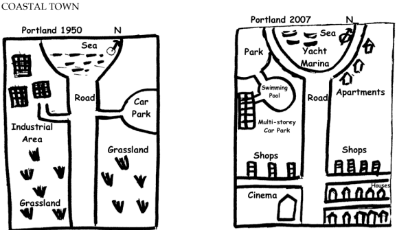 The maps below show how a coastal town developed between 1950 and 2007. Summarize the information by selecting and reporting the main features.