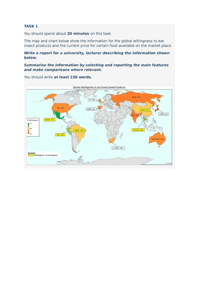 You should spend about 20 minutes on this task.

The map and chart below show the information for the global willingness to eat insect products and the current price for certain food available on the market place.

Write a report for a university, lecturer describing the information shown below.

Summarise the information by selecting and reporting the main features and make comparisons where relevant.

You should write at least 150 words.