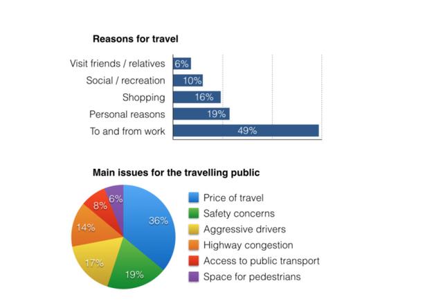 The charts below show reasons for travel and the main issues for the travelling public in the US in 2009. Summarise it.