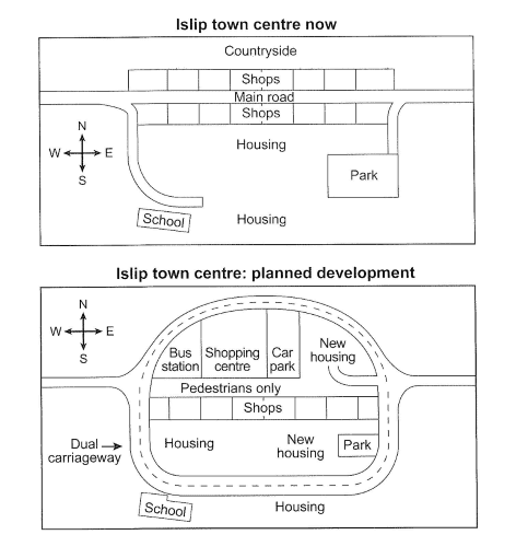 The maps below show the centre of a small town called Islip as it is now, and plans for its development. Summarise the information by selecting and reporting the main features, and make comparisons where relevant