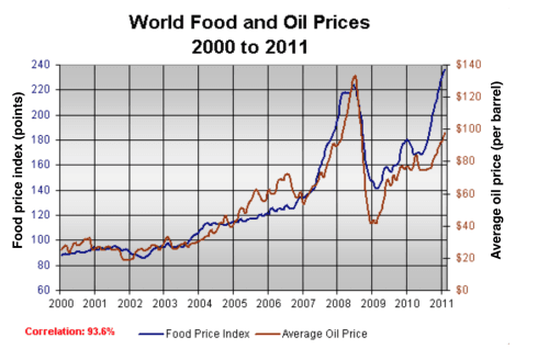 You should spend about 20 minutes on this task.

The graph below shows changes in global food and oil prices between 2000 and 2011.

Summarise the information by selecting and reporting the main features and make comparisons where relevant.

You should write at least 150 words.
