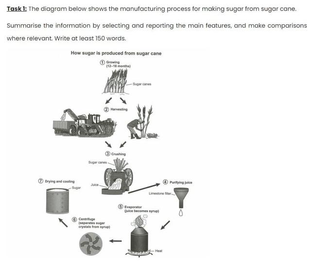 The diagram below shows the manufacturing process for making sugar from sugar cane.