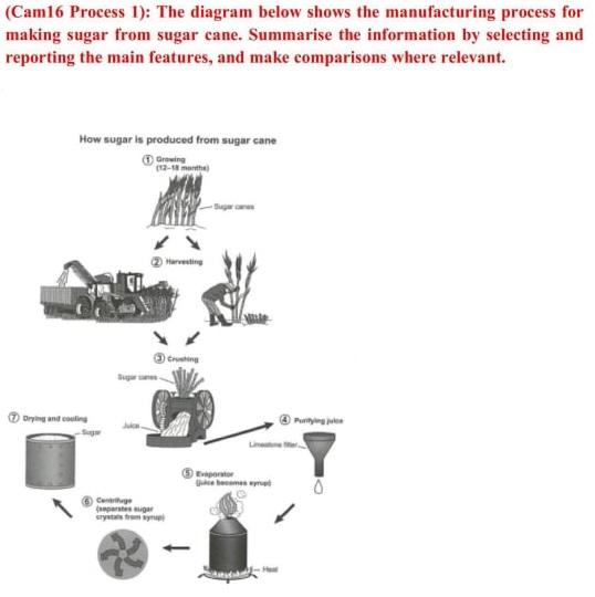 The diagram below shows the manufacturing process for making sugar from sugar cane. Summarise the information by selecting and reporting the main features, and make comparisons where relevant