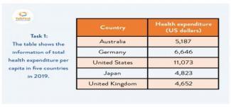 The table shows the information of total health expenditure per capita in five countries in 2019.