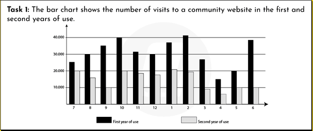 The bar charts below shows the number of visits to a community website in the first and second year of use.

Summarize the information by selecting and reporting the main features and make comparisons with relevant.