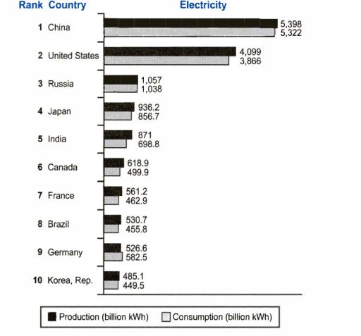 The bar chart provides an analysis of electricity generation and usage levels by the Top 10 global energy users in 2014.