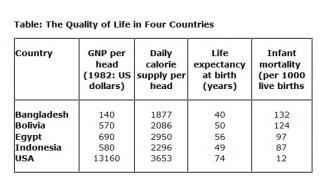 The chart above, illustrates four factors regarding the standards of life in different countries (Bangladesh, Bolivia, Egypt, Indonesia, USA).