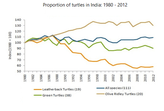 The line graph shows the population figure of different types of turtles in india  between1980 to 2012. Summarize the information by selecting and reporting main features.
