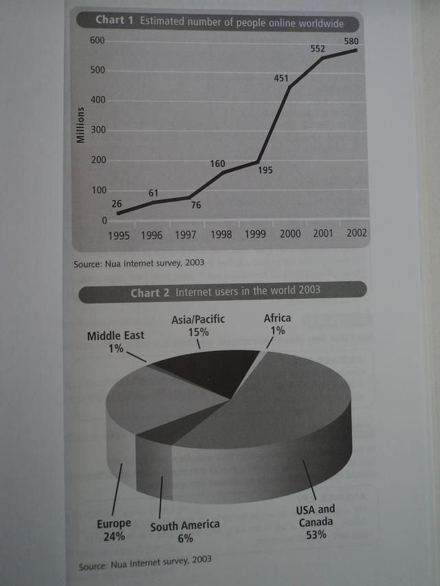 The charts show the number of people using the Internet from 1995 to 2002 and Internet users in the world in 2003.