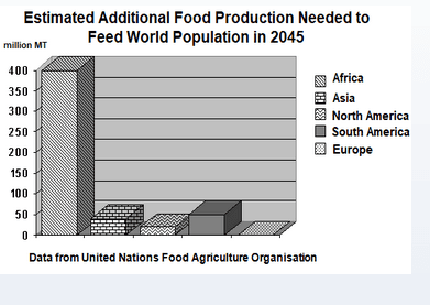 The given bar graph shows the estimated continent-wise increase in food production (in million MT) needed to feed the world population in 2045. 

Summarise the information by selecting and reporting the main features, and make comparisons where relevant.