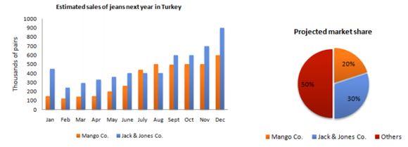 The bar chart below shows the estimated sales of jeans for two companies next year in Turkey. The pie chart shows the projected market share of the two companies in jeans at the end of next year. Write a short report for a university lecturer describing the information shown below.